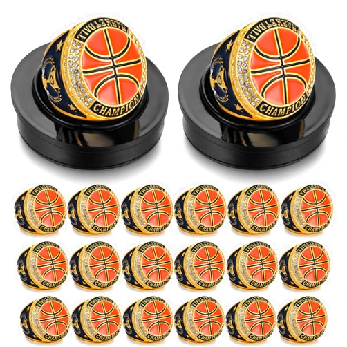 Highergo 20 Pcs Basketball Championship Rings with Display Neck Chain and Stand Champion Trophy Rings for Tournament Award Gift