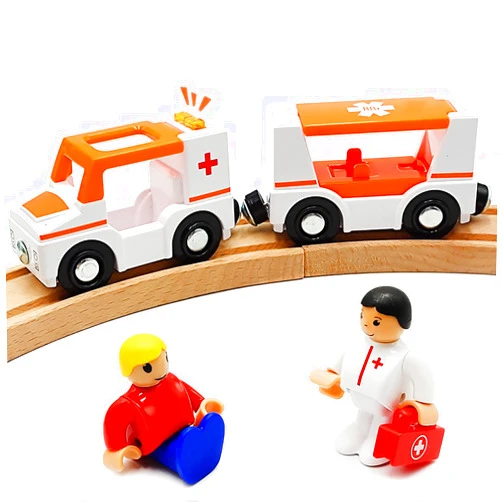 DSHMIXIA Magnetic Trains Cars Playset Wooden Train Track Accessories Station Wagon Train Set for Toddlers 3-5 Wooden Train Sets for Boys Girls Ages 3-4-7 (Ambulance B (with Light and Sound))