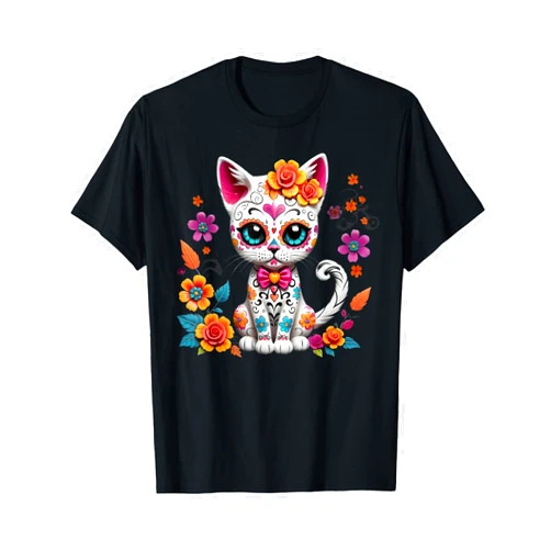 Day of the Dead Outfit Sugar Skull Happy Halloween Floral Cat Sugar Skull Day of the Dead Dia de los Muertos T-Shirt