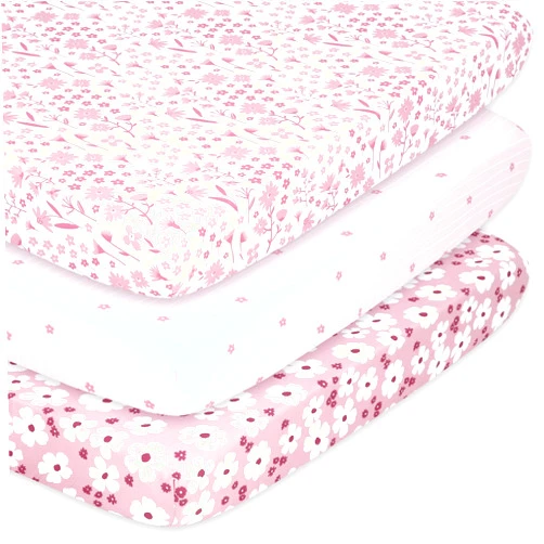 The Peanutshell 3-Pack Fitted Playard Sheets - Soft & Breathable Baby Girl Mini Crib Sheets, Pack N Play Mattress, Fits Standard Playard Pack Play Mattresses - Daisy
