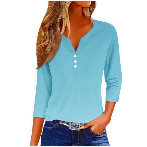 Generic Women's Summer Solid T Shirt 3/4 Sleeve Casual V Neck Shirts Henley Button-Up Blouses Empire Waist Tee Tops