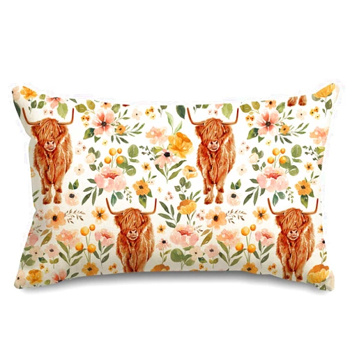 Generic AnyDesign Boho Floral Highland Cow Rectangle Pillow Covers Watercolor Flower Cow Throw Pillow Case 12 x 20 Inch Farmhouse Cushion Cover for Home Office Couch Car
