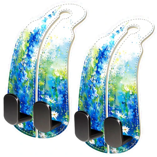 Blusabaca 2PCS Car Seat Back Storage Headrest Hooks, Floral Blue Car Purse Holder Bags Hanger, PU Leather Double Metal Hook for Backseat Car Organizer, Women Car Accessories Organization