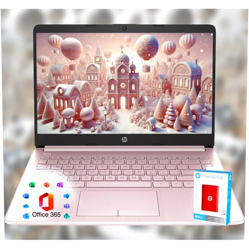 HP 14 Laptop • Back to School Limited Edition with Microsoft 365 • 4-Core Intel CPU • 16GB RAM •1600GB Storage (64GB OnBoard + 512GB P500 Portable SSD + 1TB OneDrive) • Pink • Win 11