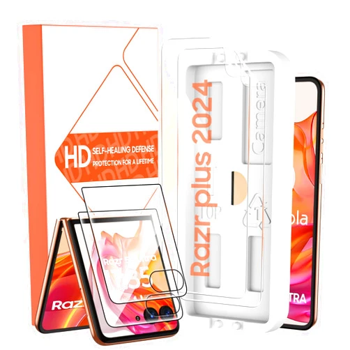 Ruiheshiyi 2 Pack for Motorola razr plus 2024 Screen Protector Inner Soft TPU and 2 Pack for Tempered Glass Front Screen Protector+1 Tray Positioning,Touch Sensitive, Full Coverage, Case Friendly,Easy Install with Alignment Tool
