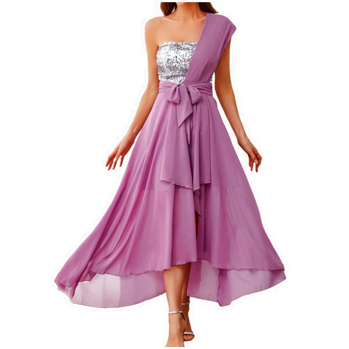 QIGUANDZ Sequin Patchwork A-line Formal Dress Women One Shoulder Lace-Up High Waist Swing Prom Dress Sexy Irregular Hem Gowns