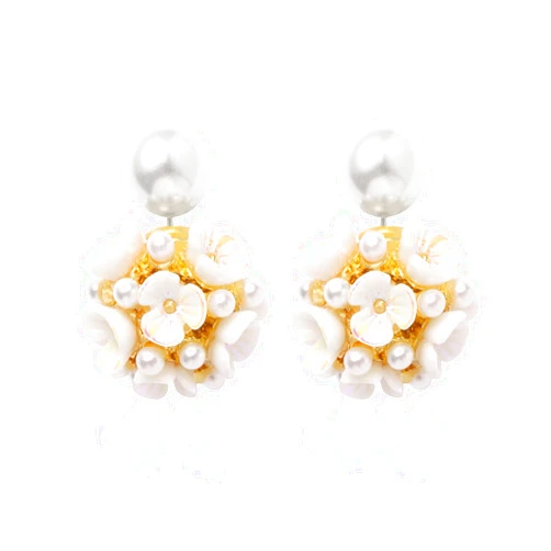 Bleu Clair Numgug Shell Flower Pearl Earrings Ball Pearl Double Sided Stud Front Back Earrings for Women Girls 14k Gold Plated Inlaid Created Zircon Pearl Stud