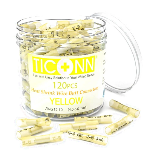 TICONN Yellow 120PCS Heat Shrink Butt Wire Connector Kit, Insulated Waterproof Electrical Wire Crimp Terminals Butt Splice for Marine Automotive (Yellow 120PCS)