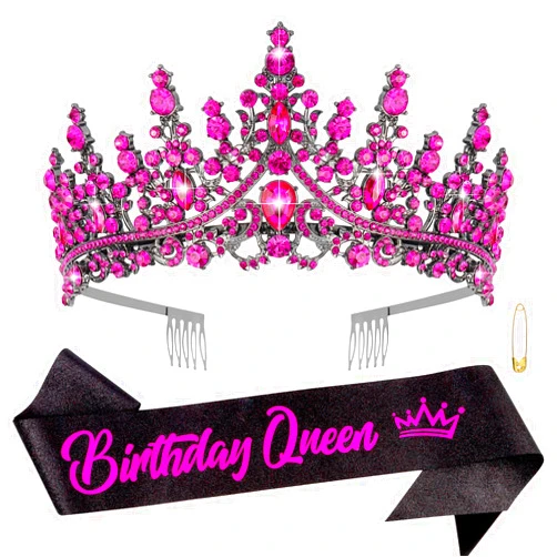 Chanaco Birthday Queen Sash Rose Red Crystal Birthday Crown Tiaras for Women Rhinestone Birthday Tiara Headband Princess Crown for Girls Hair Accessories Happy Birthday Party Decorations Birthday