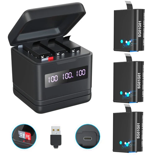 TOMSHEIR Flip Reader Box with 3 Pack Batteries and Fast Charger for GoPro Hero 8/Hero 7/Hero 6, USB and USB-C Fast Charger with High Speed Micro SD Card Reader and Battery Power Read Function