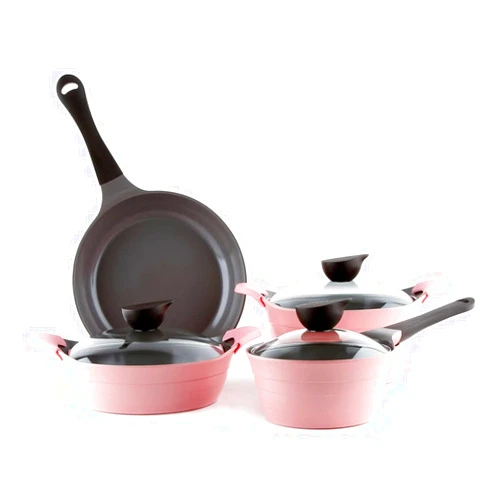 Neoflam Eela 7pc Ceramic Coated Nonstick Cookware Pots&Pan Set with Saucepan, Frying Pan, Casserole Stockpot, Glass Lids, Silicone Hot Handle Holder Included, 7-Piece,Pink