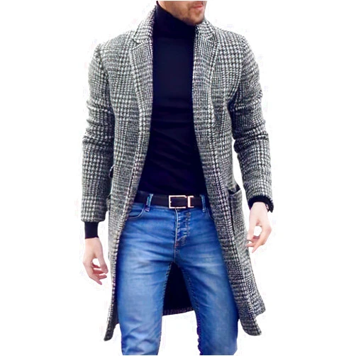 chouyatou Men's Plaid Mid Long Wool Trench Coat Single Breasted Notch Lapel Dressy Peacoat Jacket with Pockets