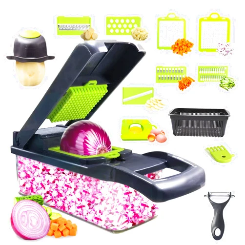 Auzeuner Veggie Chopper with Container, Vegetable Chopper, Pro Onion Chopper, Multifunctional 14 in 1 Food Chopper, Kitchen Vegetable Slicer Dicer Cutter,Veggie Chopper With 8 Blades, Hand Guard