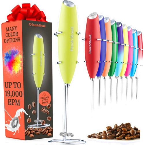 Peach Street Powerful Handheld Milk Frother, Mini Milk Foamer, Battery Operated Stainless Steel Drink Mixer with Frother Stand