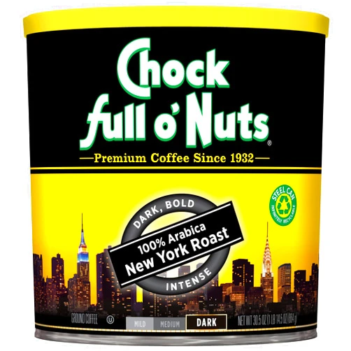 Chock Full o' Nuts Chock Full o’Nuts New York Roast, Dark Roast Ground Coffee – Gourmet Arabica Coffee Beans – Bold, Full-Bodied and Intense Coffee (30.5 Oz. Can)