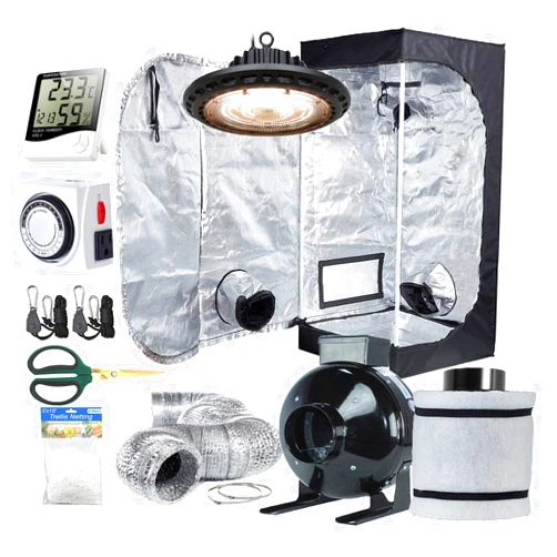 Anjeet TopoLite 24''x24''x48'' Grow Tent + 300W Full Spectrum UFO Grow Light + 4'' Inline Fan Filter Combo + Hangers + Hygrometer + Shears + 24 Hour Timer + Trellis Netting Indoor Grow Tent Complete Kit