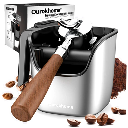 Ourokhome Knock Box Espresso Accessories, The Latest Patented Stainless Steel Espresso Machine Tool for Coffee Ground with Removable Knock Bar, Handle and Lid, Dishwasher safe, 4.8 inch