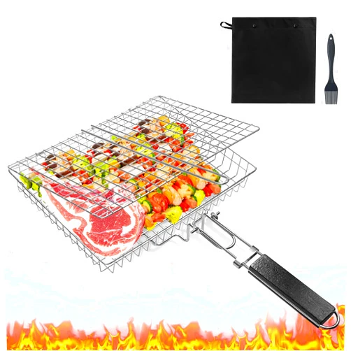 COYZU BBQ Grill Basket Stainless Steel: Grilling Basket for Outdoor Grill with Removable Handle and Carry Bag, Portable Camping Barbecue Accessories for Fish, Meat, Steak, Vegetables, Veggie, Seafood