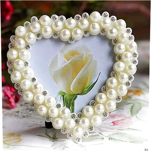 BERTERI Romantic Wedding Photo Frame Delicate Pearl Rhinestones Embellished Picture Frames Rectangle Heart Shape Tabletop Photo Frame Meaningful Gift
