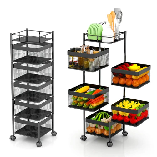 Xinyourui Fruit and Vegetable Basket for Kitchen No Assembly， Rotating Kitchen Storage Rack,Bathroom Storage Shelf, Kitchen Organizers and Storage Cart on Rolling Wheels(Black, 5 Tier-Square)