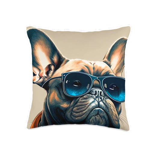 Funny and Cute Dog Lover Unique Digital Art Cute Adorable French Bulldogs with Sunglasses Digital Art Throw Pillow, 16x16, Multicolor
