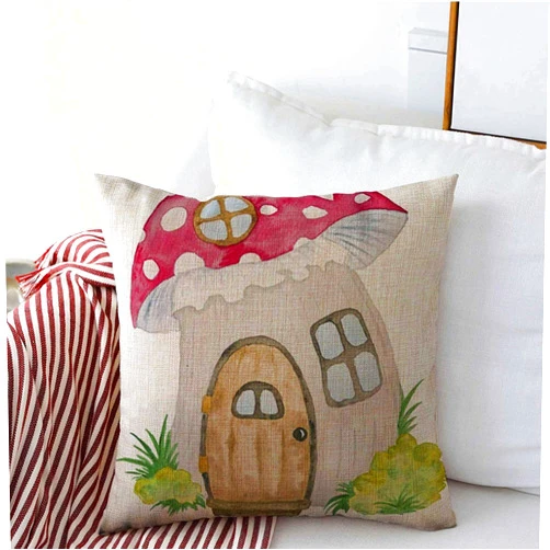 Staronov Decorative Throw Pillow Cover Toy Blue Mushroom Gnome House Watercolor Handpainted Nursery Cute Fairytale Baby Botanical Bright Linen Pillowcase Square Size 16