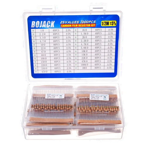 BOJACK 1000 Pcs 25 Values Resistor Kit 1 Ohm-1M Ohm with 5% 1/2W Carbon Film Resistors Assortment