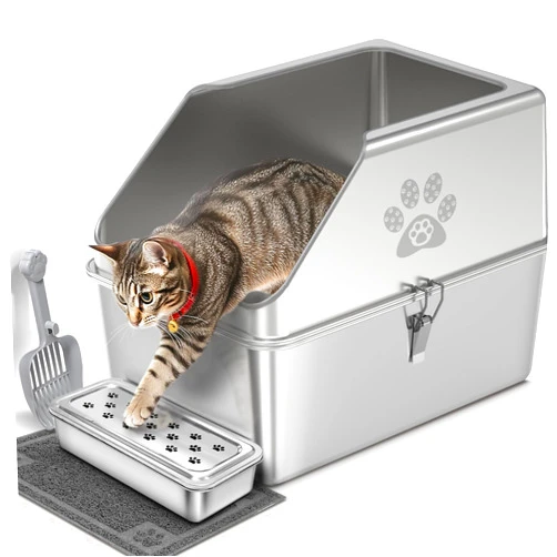 KPWACD Enclosed Stainless Steel Cat Litter Box with Lid, XL Extra Large Non-Stick Metal Litter Pan for Big Cats, High-Sided Kitten Toilet Enclosure, Non-Stick, Anti-Leakage, Easy Cleaning