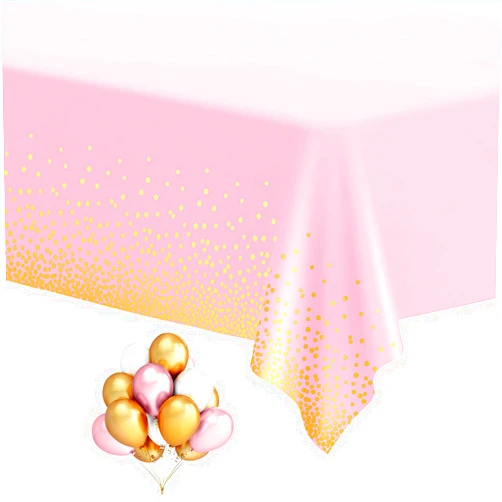 HOMIX Pink and Gold Plastic Tablecloths for Rectangle Tables, 6 Pack Disposable Party Table Cloths, Gold Dot Confetti Table Covers with 30 Balloons for Girl Birthday, Baby Shower, Wedding 54