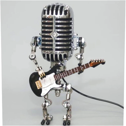 Xmpmrb Vintage Microphone Guitar Robot Lamp, Music Gifts for Men, Cool Gifts for Music Lovers, Vintage Light Home Decor Nightstand Desk Lamp for Bedroom, Music Studio (Black)