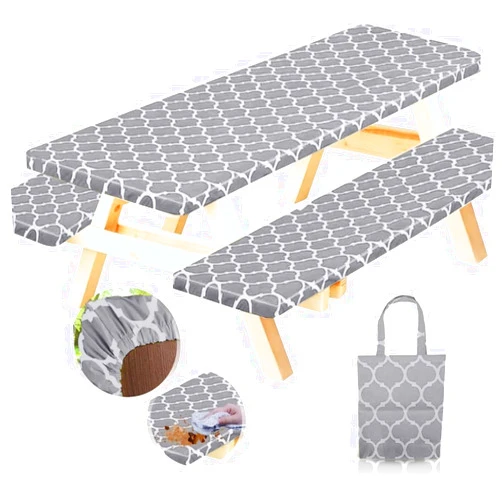 RNOONY Vinyl Fitted Picnic Table Cover with Bench Covers and Bag,8ft Outdoor Waterproof Picnic Tablecloth with Elastic Edges, 96x30 Inches 3 Pcs Set (Gray Moroccan)