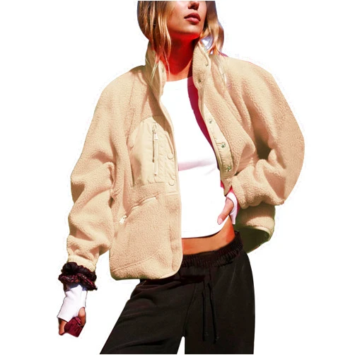 APAFES Women's Cropped Sherpa Lined Fleece Jacket Winter Warm Button Down Fuzzy Coats Shacket Outerwear with Pockets