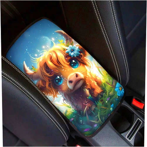 Wanyint Cute Highland Cow Car Center Console Armrest Cover Universal fit for SUV Truck Vans Sedans, Armrest Seat Box Cover Protector Pad Lid