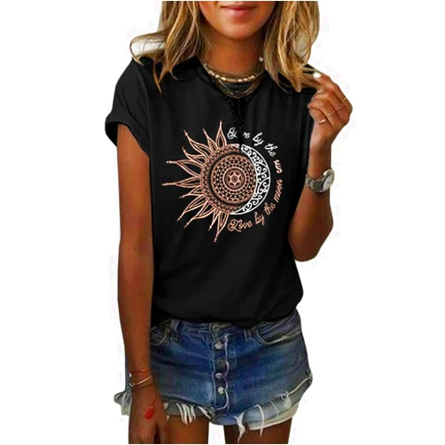 MaQiYa Womens Graphic Tees Summer Vintage Short Sleeve Cotton Moon and Sun Printed T Shirts Tops