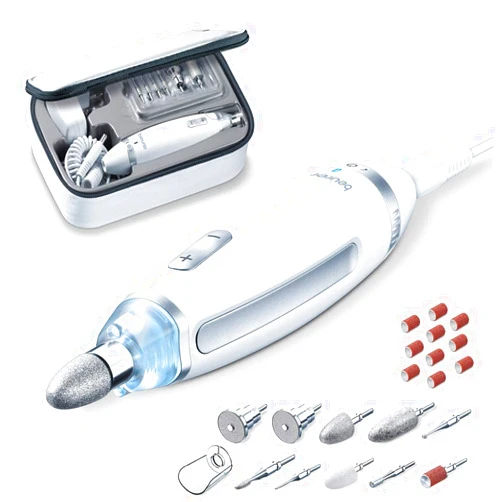 Beurer MP62 Professional Nail Drill Kit, Portable Electric File Machine with 10 Attachments & 10 Sanding Bands, Efile Dremel for Acrylic Gel Manicure and Pedicure, LED Light, with Storage Case, MP62
