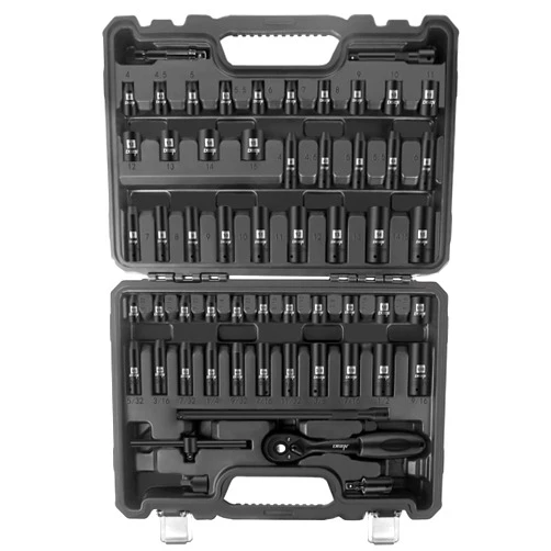 DISEN 57-Piece 1/4'' Drive Impact Socket Set Shallow & Deep Socket Set Metric and Standard Full with Universal Joint, Extension Bar, 3/8 to 1/4 Reducer, Hex Shank Socket Adapter, Ratchet Handle