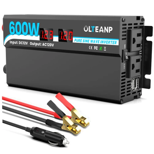 OLTEANP 600W Power Inverter Pure Sine Wave Inverter 12V DC to 120V AC Converter for Car, Truck, Home, Vehicles, Laptop, Car Inverter 12V to 110V with 2 AC Outlets, 2 USB Ports, LCD Display
