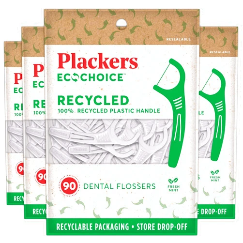Plackers EcoChoice Fresh Mint Recycled Dental Flossers, Easy Grip Handle, Built In Toothpick, Made with 100% Recycled Food Grade Plastic, 360 count (Pack of 4)