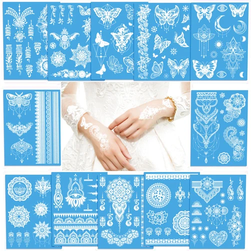 Konsait White Lace Temporary Tattoos, Konsait Butterfly Mandala White Tattoos Stickers that Look Real and Last Long Body Tattoos for Women Teens and Girls Wedding Makeup 12 Sheets