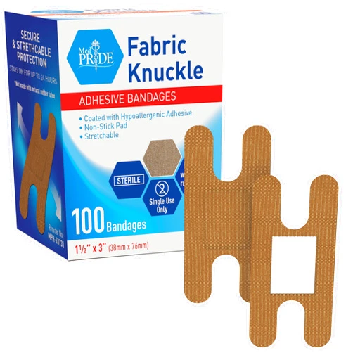 MED PRIDE 100 Sterile Tan Fabric Knuckle Bandages, Hypoallergenic Latex-Free, Individually Wrapped 1.5'' X 3''