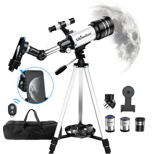 Alkinshue Telescope 70mm Aperture 400mm -Magnification 24-180X, Astronomical Portable Refracting Telescope Fully Multi-Coated High Transmission Coatings AZ Mount with Tripod &Wireless Control & Carrying Bag