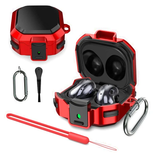 YIPINJIA Safety Lock Case Compatible for Galaxy Buds Pro Case/Buds 2 /Buds Live, Shockproof TPU+PC Protective Cover with Keychain/Wrist Strap/Brush (Red)