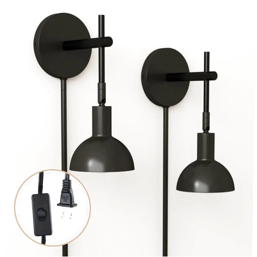Nathan James Tamlin Wall Light Fixture, Wall Mounted 1-Light Lamp, Plugin Sconce with On/Off Switch for Living Room, Reading Nook or Bedroom, Matte Black, Set of 2