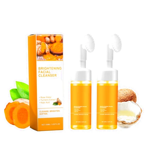 HuaQing 2 Pcs Turmeric Foaming Face Wash, Deep Cleansing Glow Wash Turmeric Facial Cleanser With Brush.