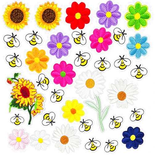 DRWATE Embroidered Flowers Bee Iron on Patches 36pcs Cute Bumble Sunflower Daisy Patch for Clothing Sew on Embroidered Applique Decoration Sewing Patches for Bags Jackets Jeans Clothes DIY Patches