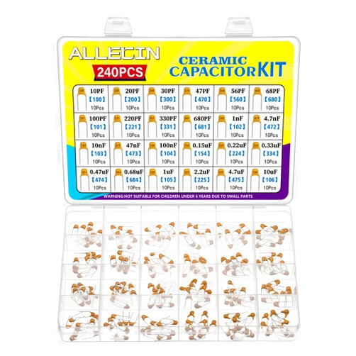 ALLECIN 24 Values Monolithic Ceramic Capacitor Assortment Kit 10pF 20pF 30pF 47pF 56pF 68pF 100pF 220pF 330pF 680pF 1nF 4.7nF 10nF 47nF 100nF 0.15uF 0.22uF 0.33uF 0.47uF 0.68uF 1uF 2.2uF 4.7uF 10uF