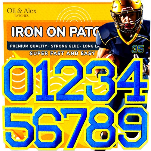 Oli and Alex Iron On Patches 2.4 inch - 10 pcs of Patches Numbers for Clothing - Super Glue - No sew Needed - Embroidery Patch Football Team School University - DIY Number Appliques Blue Color
