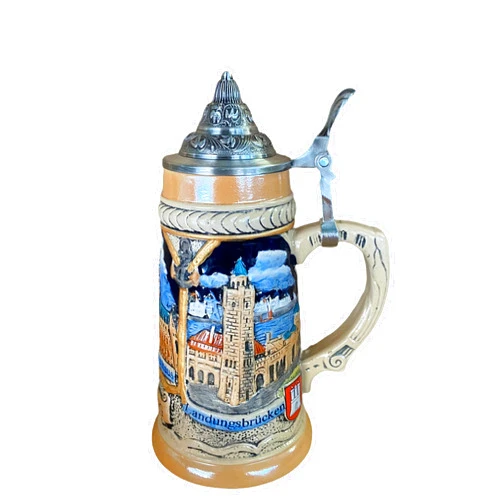 Oneastern Beer Stein Mug Hamberg Pattern with Petwer Lid Birthday Gifts 0.75Liter (Beige)