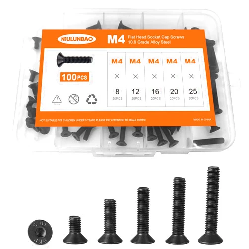 NIULUNBAO M4 x 8mm 12mm 16mm 20mm 25mm Flat Head Socket Cap Screws Countersunk Bolts, 10.9 Grade Alloy Steel, Black Oxide Finish, Allen Hex Drive, Metric Fully Threaded, Assortment Kit 100PCS