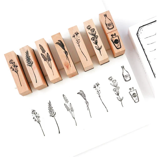 Dizdkizd 8 Pieces Vintage Wooden Rubber Stamps, Plant & Flower Decorative Mounted Rubber Stamp Set for DIY Craft, Letters Diary and Craft Scrapbooking